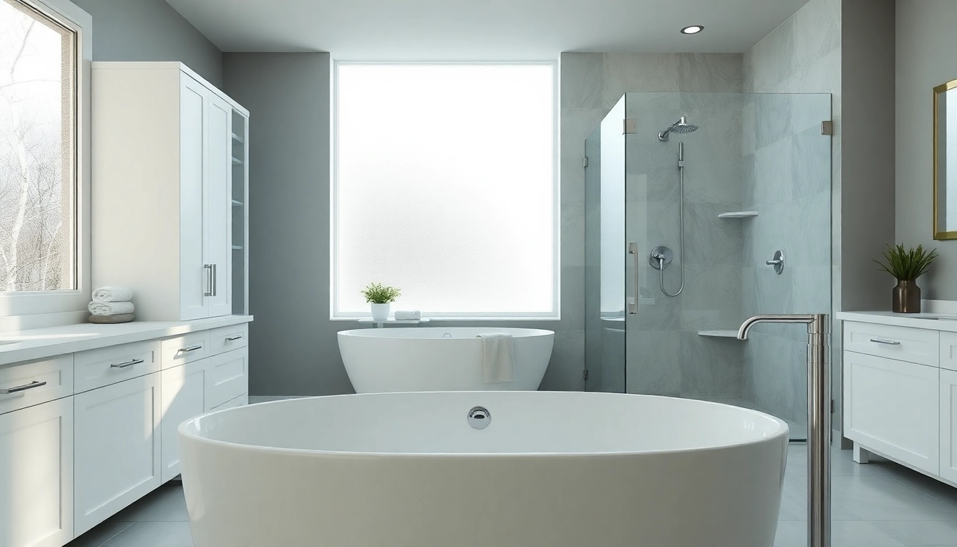 Crafting a stylish bathroom renovation featuring sleek tub and modern design elements.