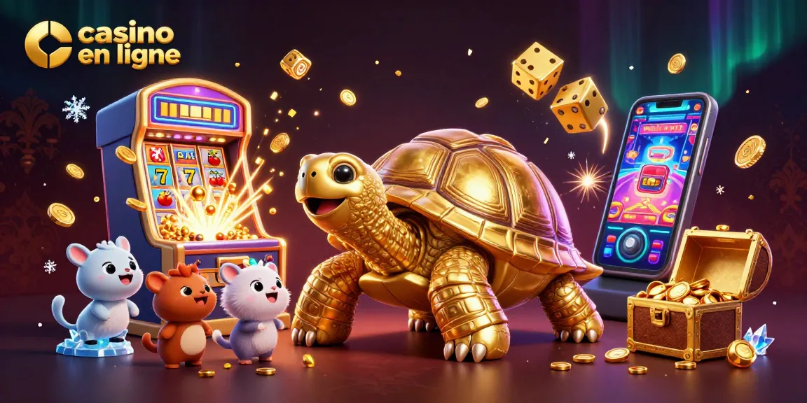 Vivez l'excitation du casino en ligne avec une illustration d'une tortue dorée ludique entourée de machines à sous et d'animations
