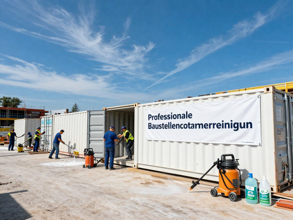 Professionelle Baustellencontainerreinigung auf einer belebten Baustelle mit Reinigungsausrüstung und Arbeitern.