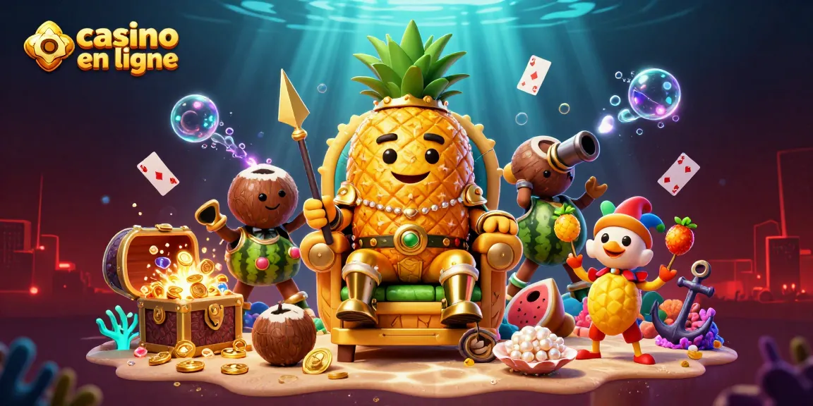 Découvrez l'univers du casino en ligne avec le roi ananas et ses gardes, dans une scène riche en éléments ludiques.