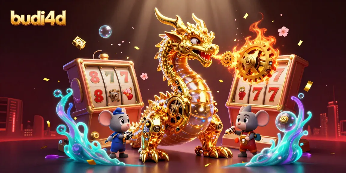 Experience the budi4d online gaming adventure with a golden dragon breathing gears amidst rich casino elements.