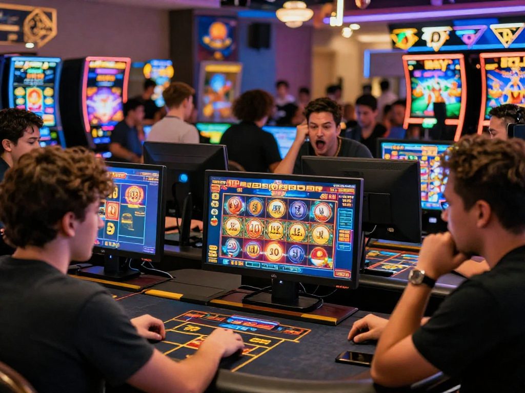 Exciting gaming atmosphere at a bonus buy casino UK, showcasing players engaged with colorful slot games and digital interactions.