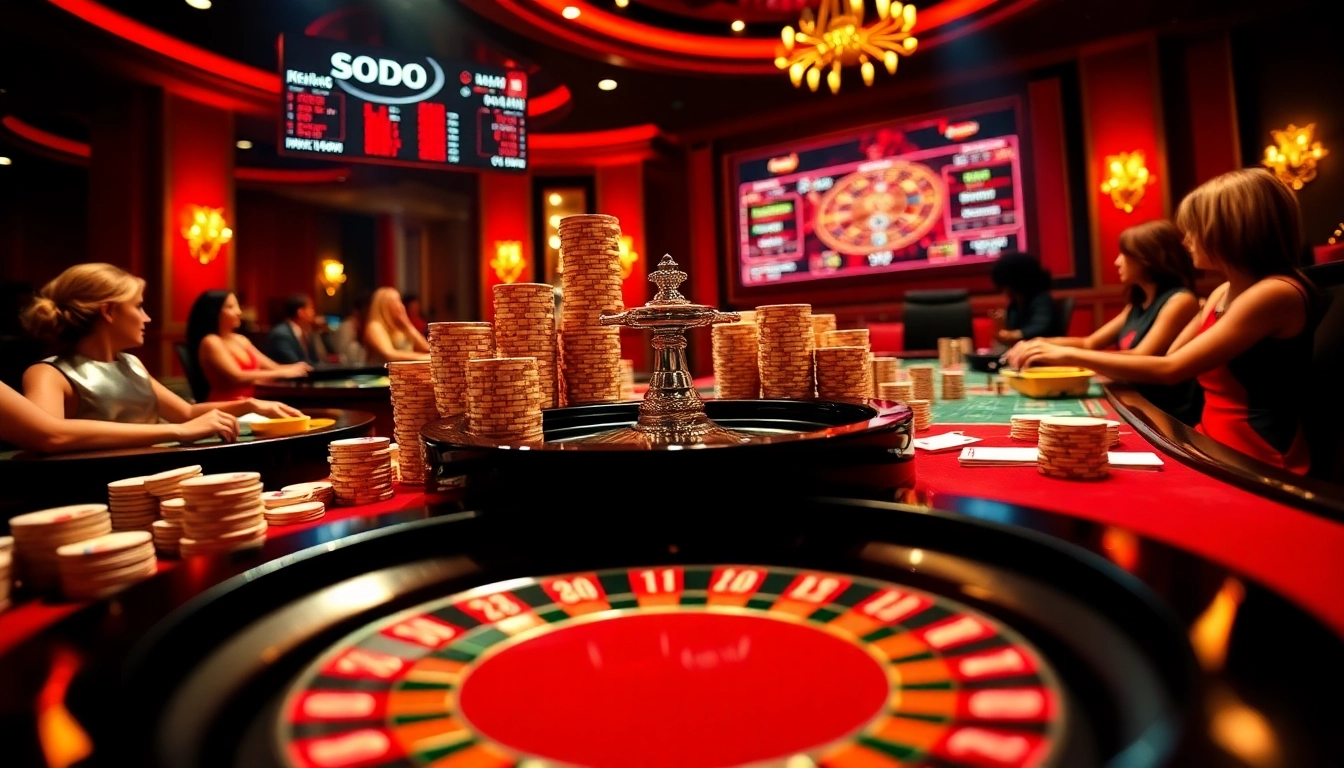 SODO casino players winning big at a vibrant roulette table, showcasing luxury and excitement.