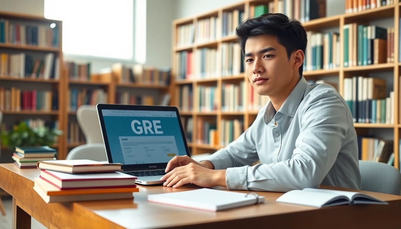 Pay someone to take GRE for me with a focused student studying at a desk surrounded by materials.