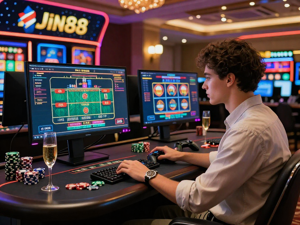 sòng bạc Jin88, người chơi tận hưởng không khí sang trọng của casino trực tuyến với máy tính và đồ uống