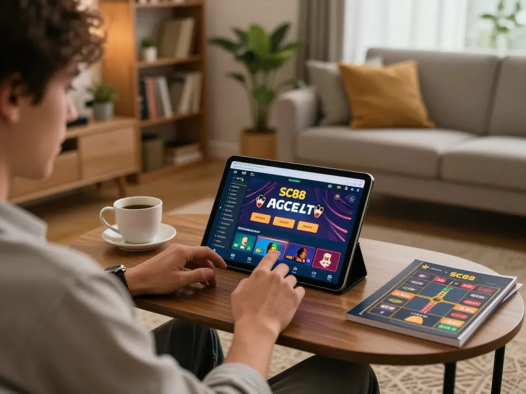 Player using SC88 app tablet for engaging online casino gaming session at home