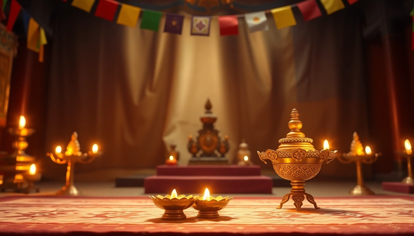 Experience a tranquil butter lamp blessing illuminating a serene temple setting.