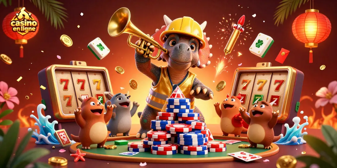 Découvrez le casino en ligne avec un triceratops et ses amis festoyant autour de jetons et éléments de jeux.