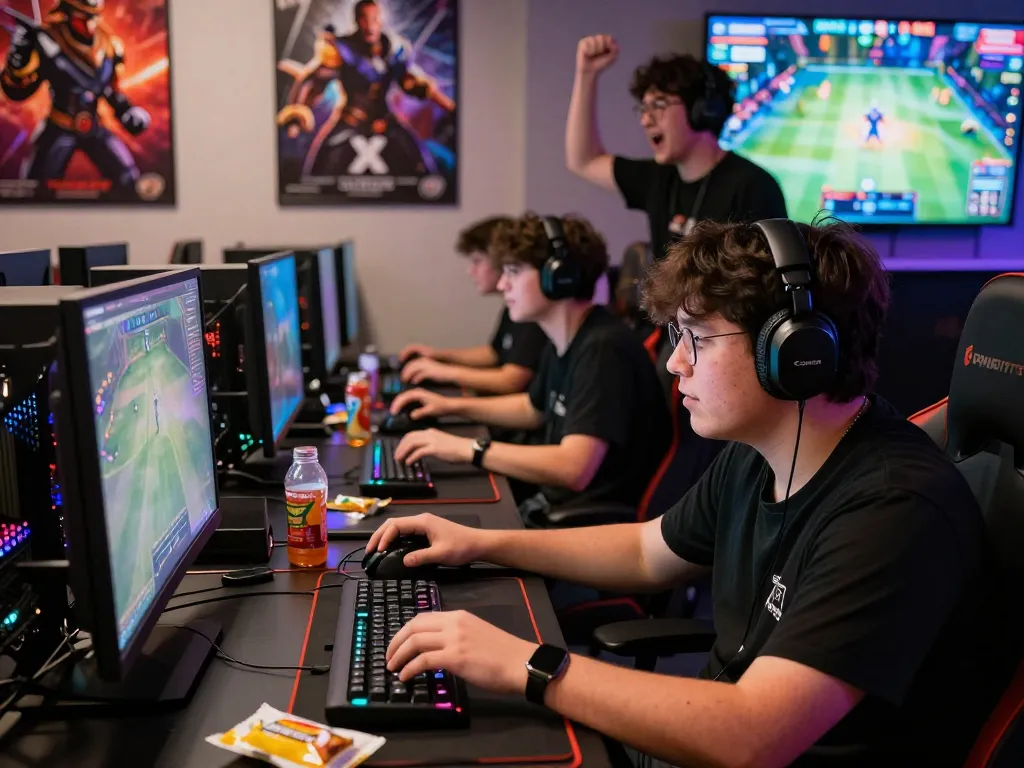 A gaming enthusiast at ligasedayu.com in an esports arena, intense competition atmosphere with cheering friends and vibrant LED lights.