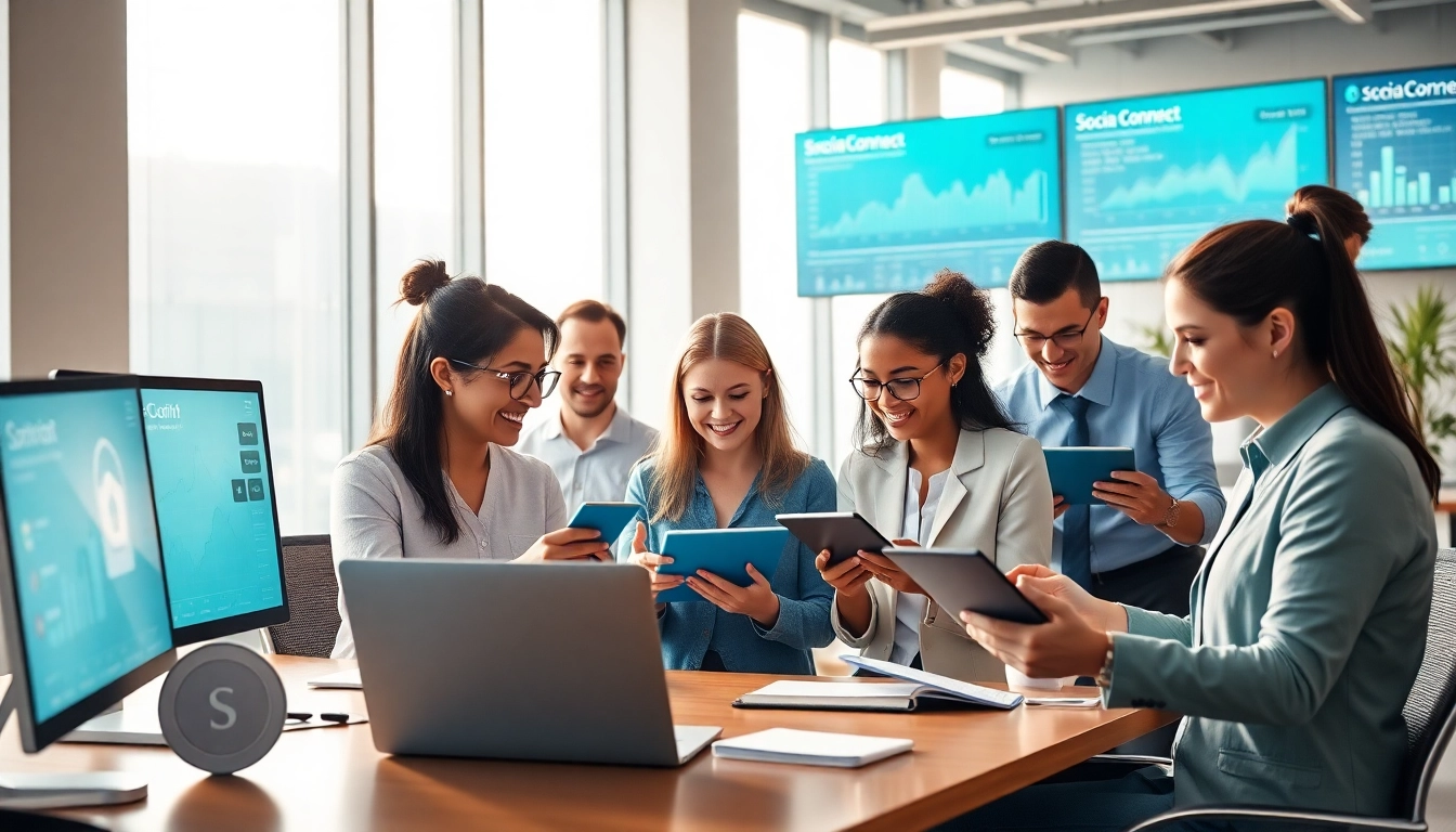Scotia Connect platform in a modern office setting, showcasing professionals managing finances and reports.
