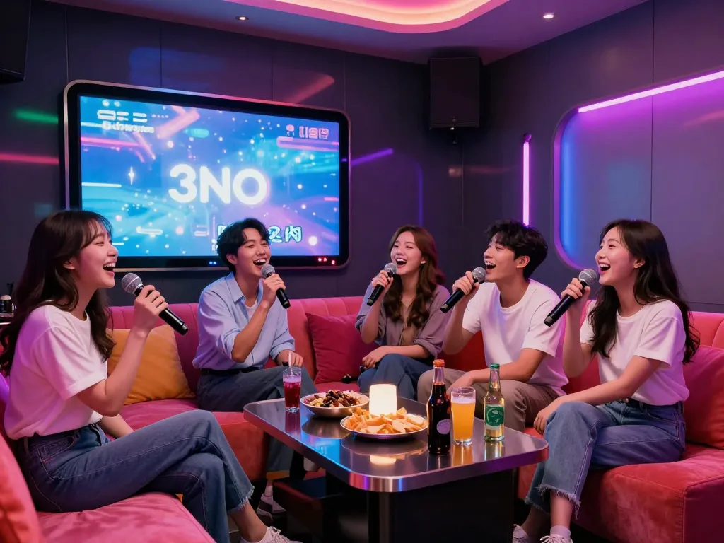 친구들과 함께 즐거운 분위기를 만끽하는 https://www.3no.org/bupyeong의 프라이빗 룸에서의 즐거운 노래방 경험.