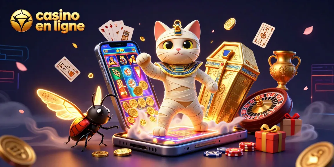 Découvrez l'univers captivant du casino en ligne avec un chat momie égyptien émergeant d'un sarcophage.