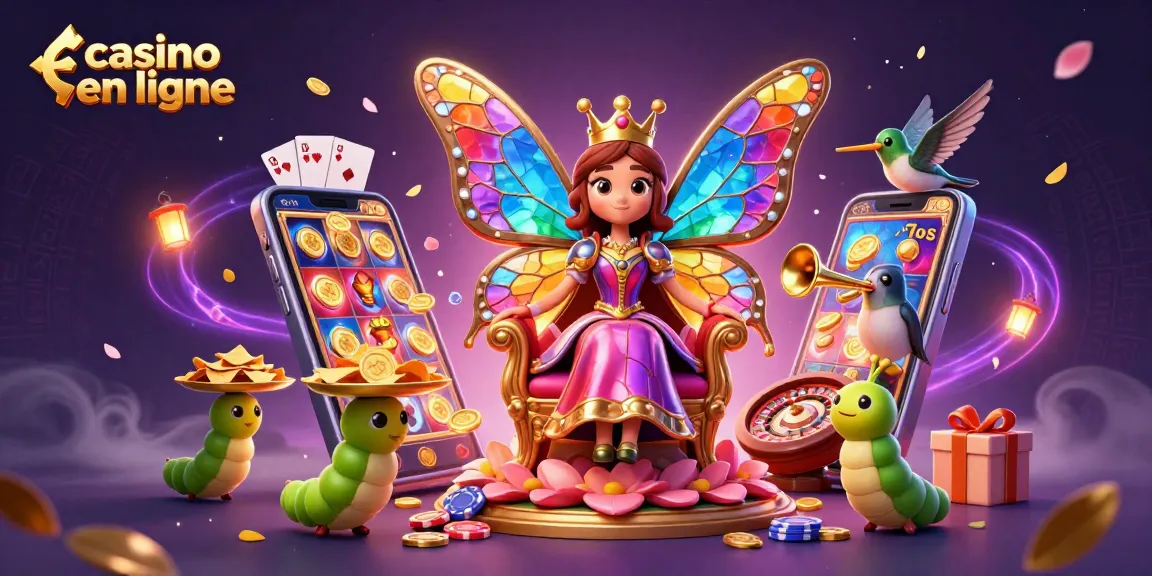 Jouez sur le casino en ligne avec la reine papillon et des éléments de jeu colorés.