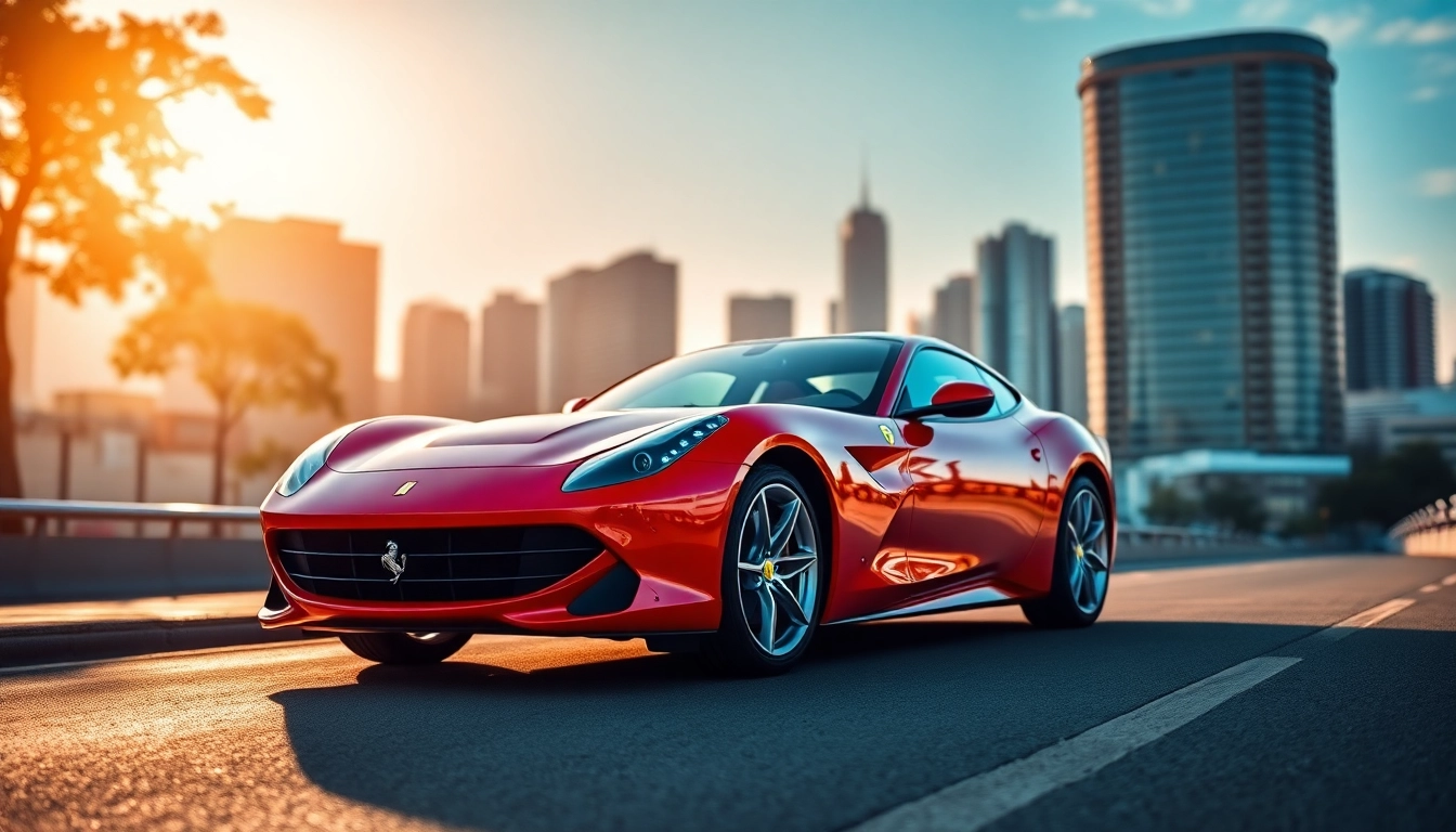 Experience the allure of a pre-owned Ferrari Johannesburg parked against Johannesburg's skyline.