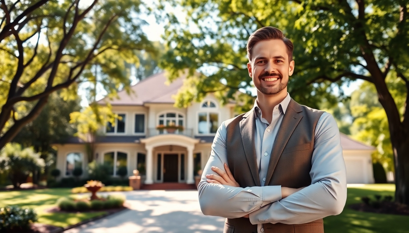 Real Estate agent showcasing a luxury home with inviting atmosphere and lush greenery.
