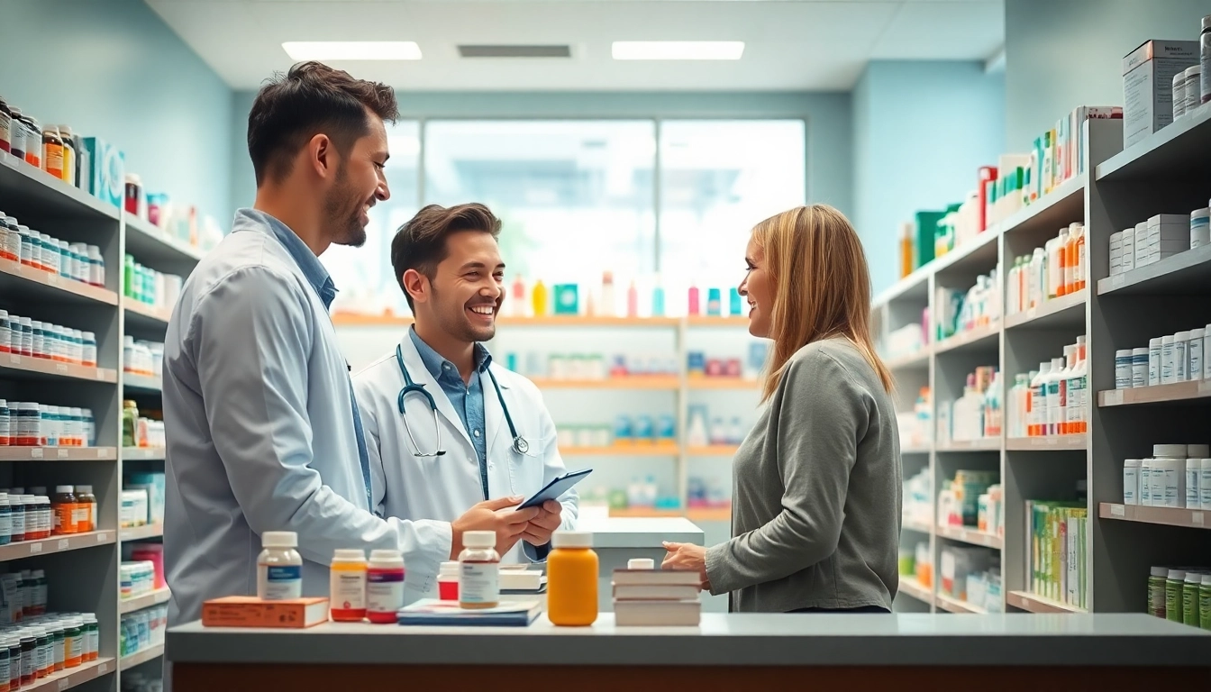 Engaging scene at MediClick Pharmacy showcasing personalized care between pharmacist and customer.