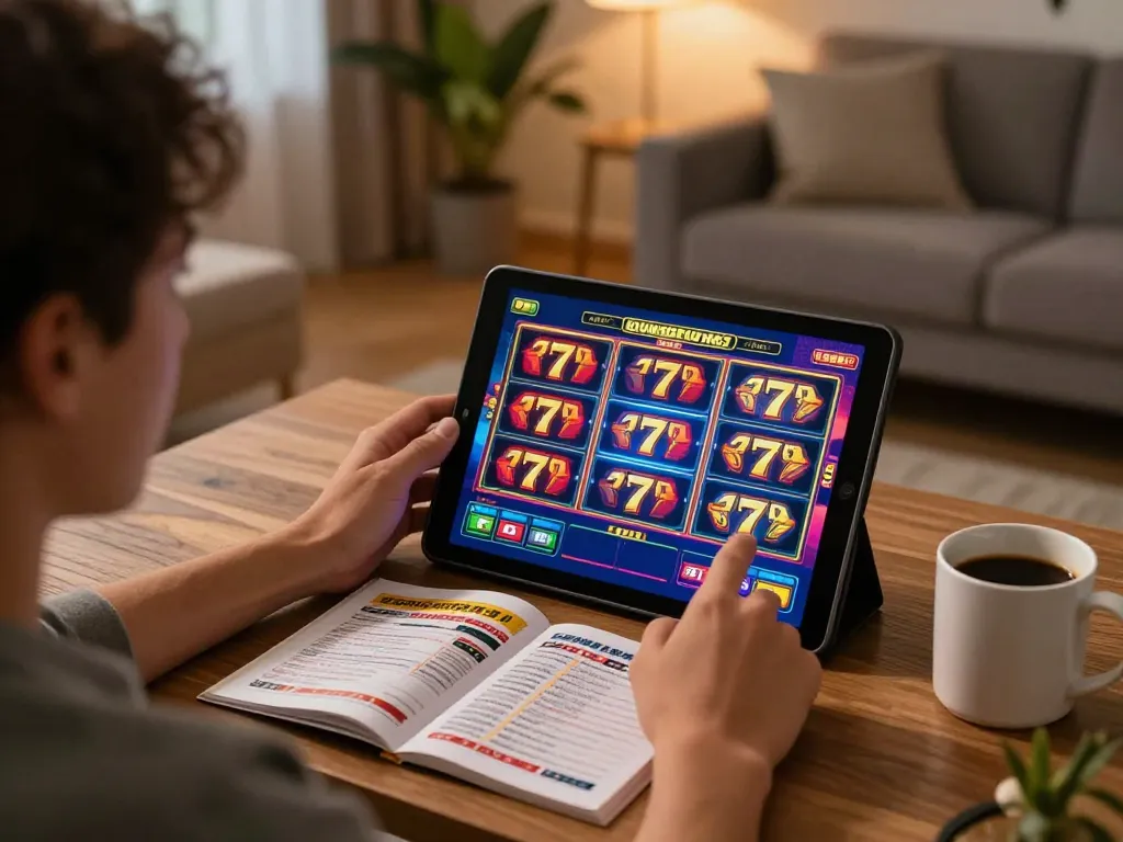 Player enjoying an exciting session of slot777 on a tablet in a cozy home setting.