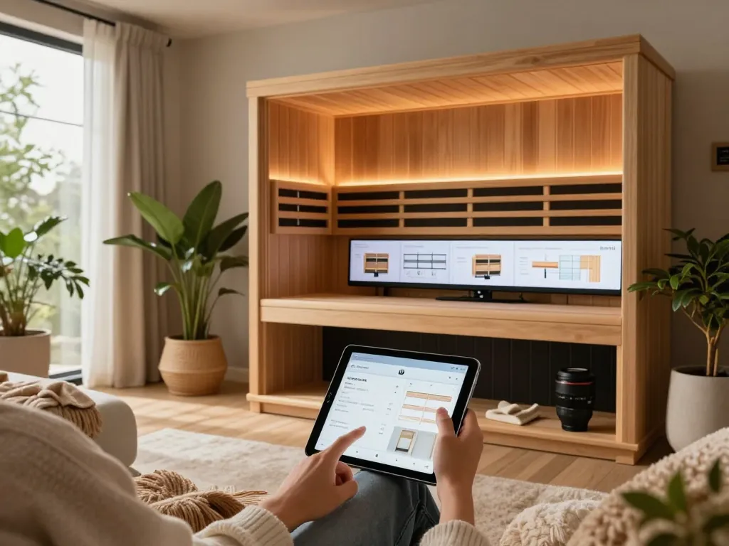 Explore a sauna configurator showcasing customizable sauna designs in a modern home setting.