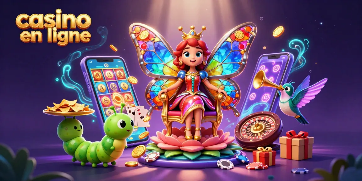 Casino en ligne : illustration colorée d'une reine papillon dans un royaume féerique de jeux.
