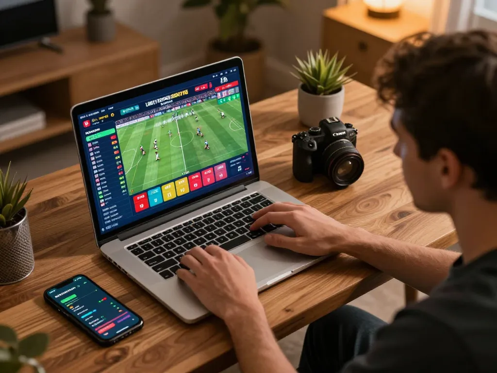 Bong88 user placing live sports bets on a laptop while enjoying a cozy home setting