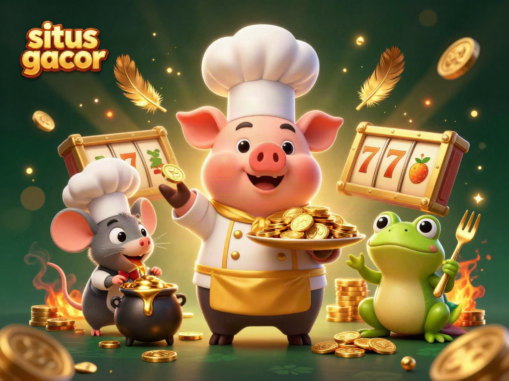 situs gacor showcases a vibrant 3D scene with a chef pig, sous-chef mouse, and critic frog amidst gold coins and slot elements.