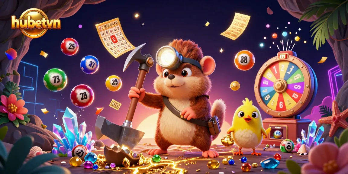 Engage with hubetvn's thrilling lottery experience, featuring energetic characters amidst vibrant game elements.
