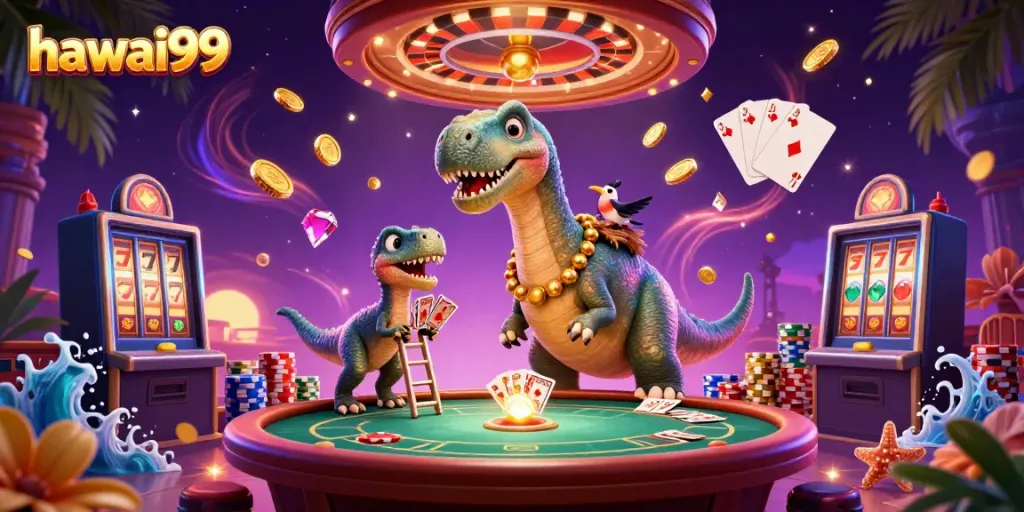 Experience hawai99 with vibrant casino action featuring dinosaurs and gaming elements.