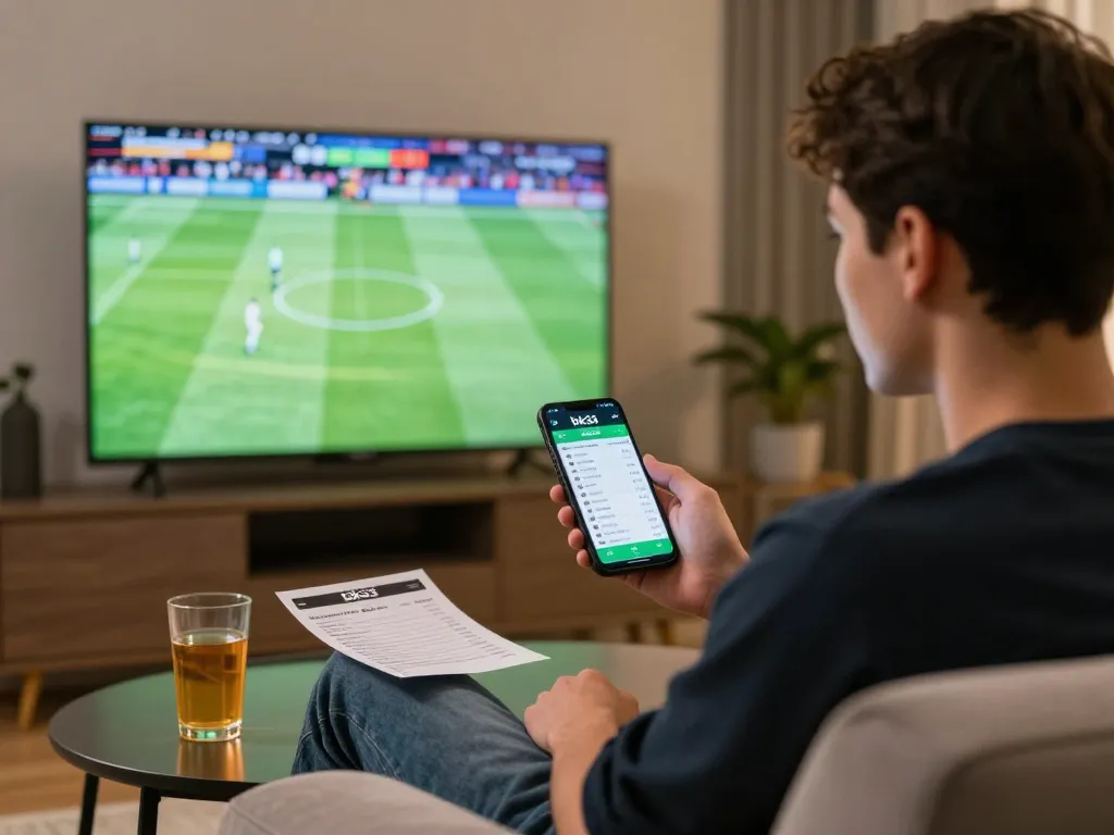 Engaged player using the bk33 app for live sports betting in a cozy home setting.