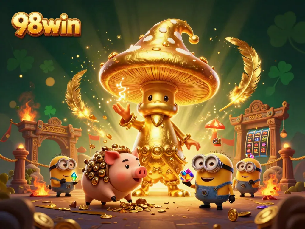 Win big with 98win in this vibrant casino scene filled with magical treasures.