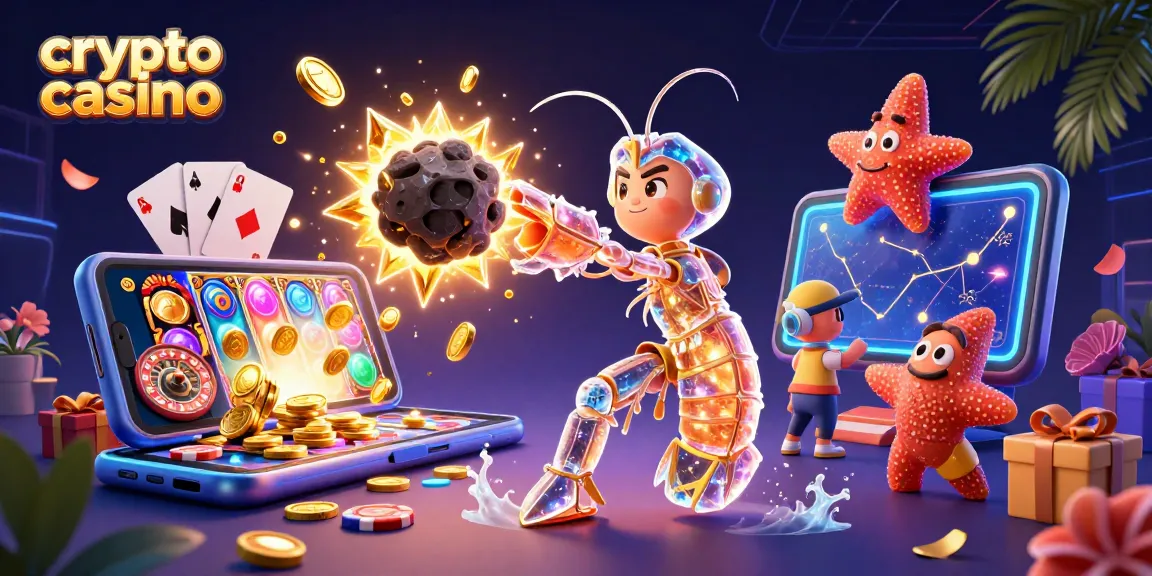 Jouer dans un crypto casino avec des personnages colorés et des éléments de jeu éparpillés autour.