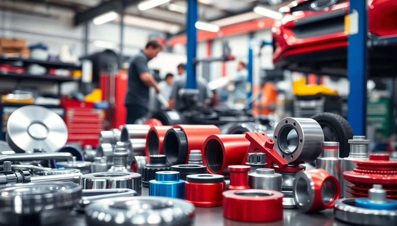Showcasing OEM Replacement parts in an automotive workshop with professionals at work.