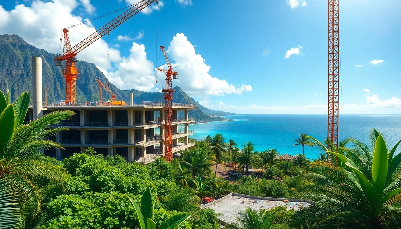 Hawaii construction news showcases a vibrant construction site with cranes and workers in a tropical setting.