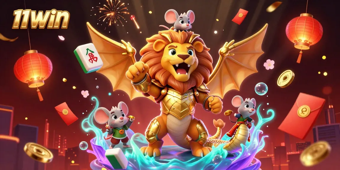 Immerse in the vibrant casino world of 11WIN, featuring a chimera creature amidst dynamic gambling elements.