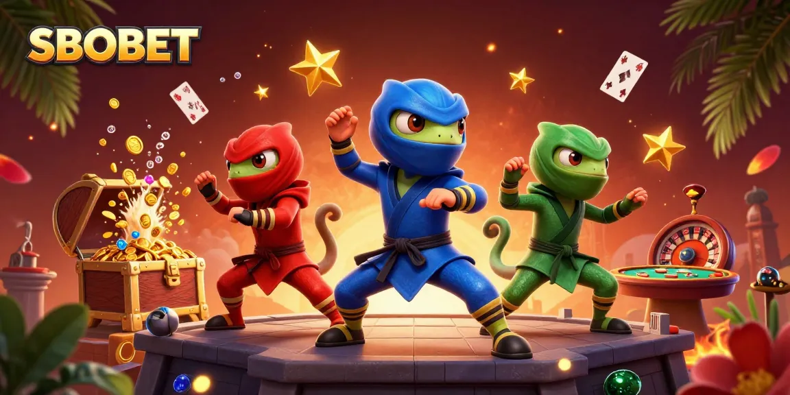 SBOBET ninja chameleons in a vibrant casino scene with a treasure chest and playing cards.