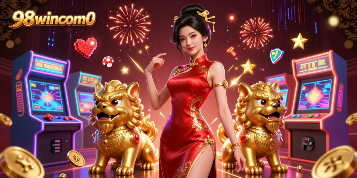 Engage with the vibrant 98wincom0 casino experience through 3D animation featuring arcade games and festive fireworks.