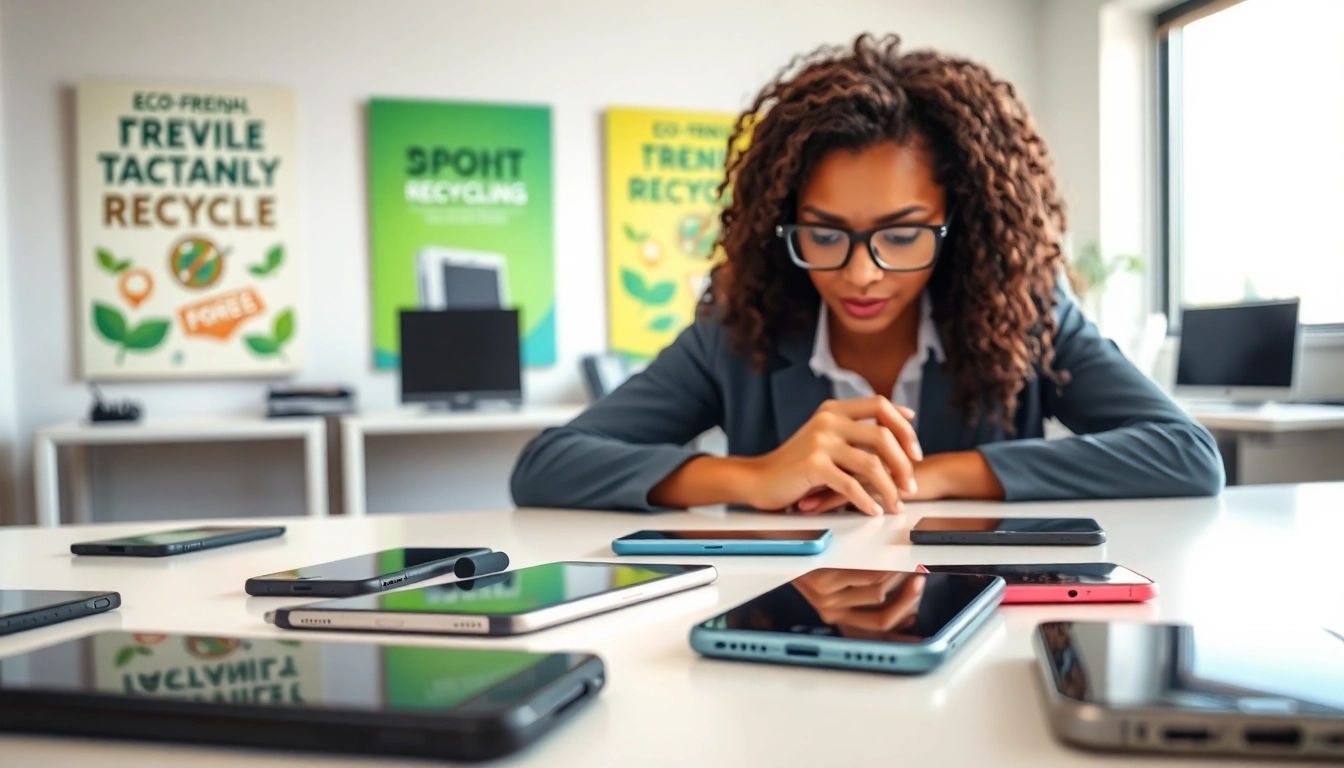 Sell your old devices while a tech expert evaluates smartphones in a bright office.