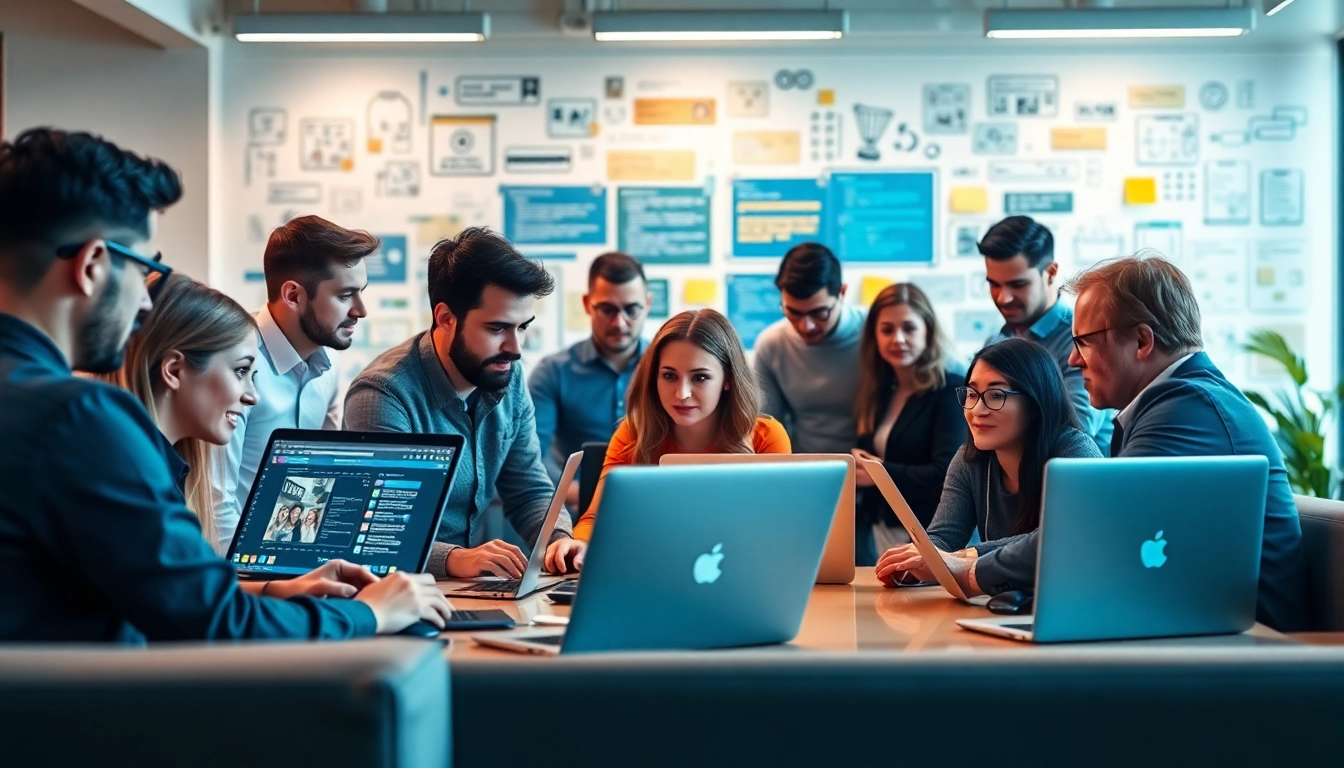 Web development company team brainstorming in a modern office.