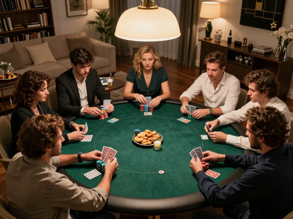 NHÀ CÁI DA88 engages players in a friendly poker game within a cozy home setting, illustrating strategic gameplay and community.