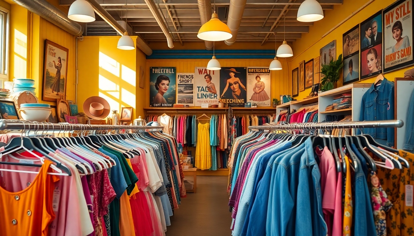 Discovering unique vintage treasures at https://thrift-vintage.com/ in a colorful thrift store atmosphere.