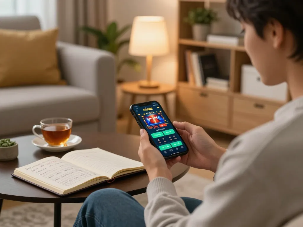 Engaging with the NHÀ CÁI XO88 app on smartphone while enjoying a cozy home betting setup.