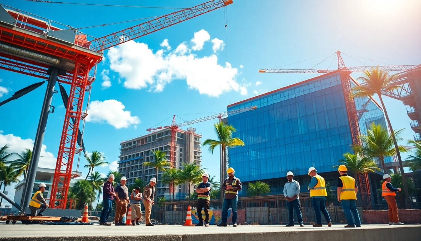 Hawaii construction news: workers collaborating on a vibrant construction site amid tropical surroundings.