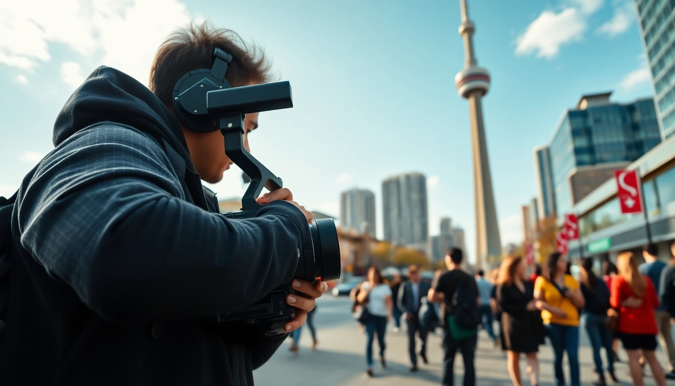 Engaging Toronto videography scene featuring a videographer filming iconic landmarks in the city.