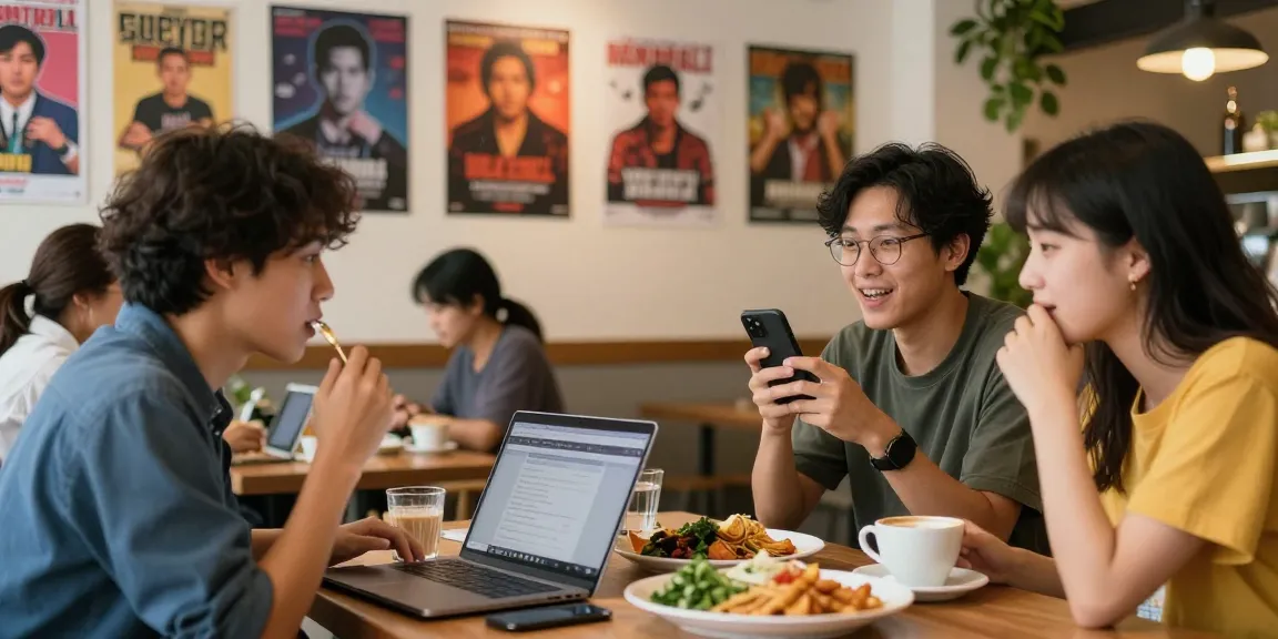 Engaged young adults exploring Asian culture through https://hanadultalk.com in a vibrant cafe, sharing coffee and conversation.