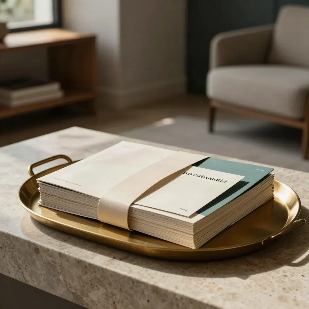 Annual investment plan bundle on brass tray in a sunlit reading nook
