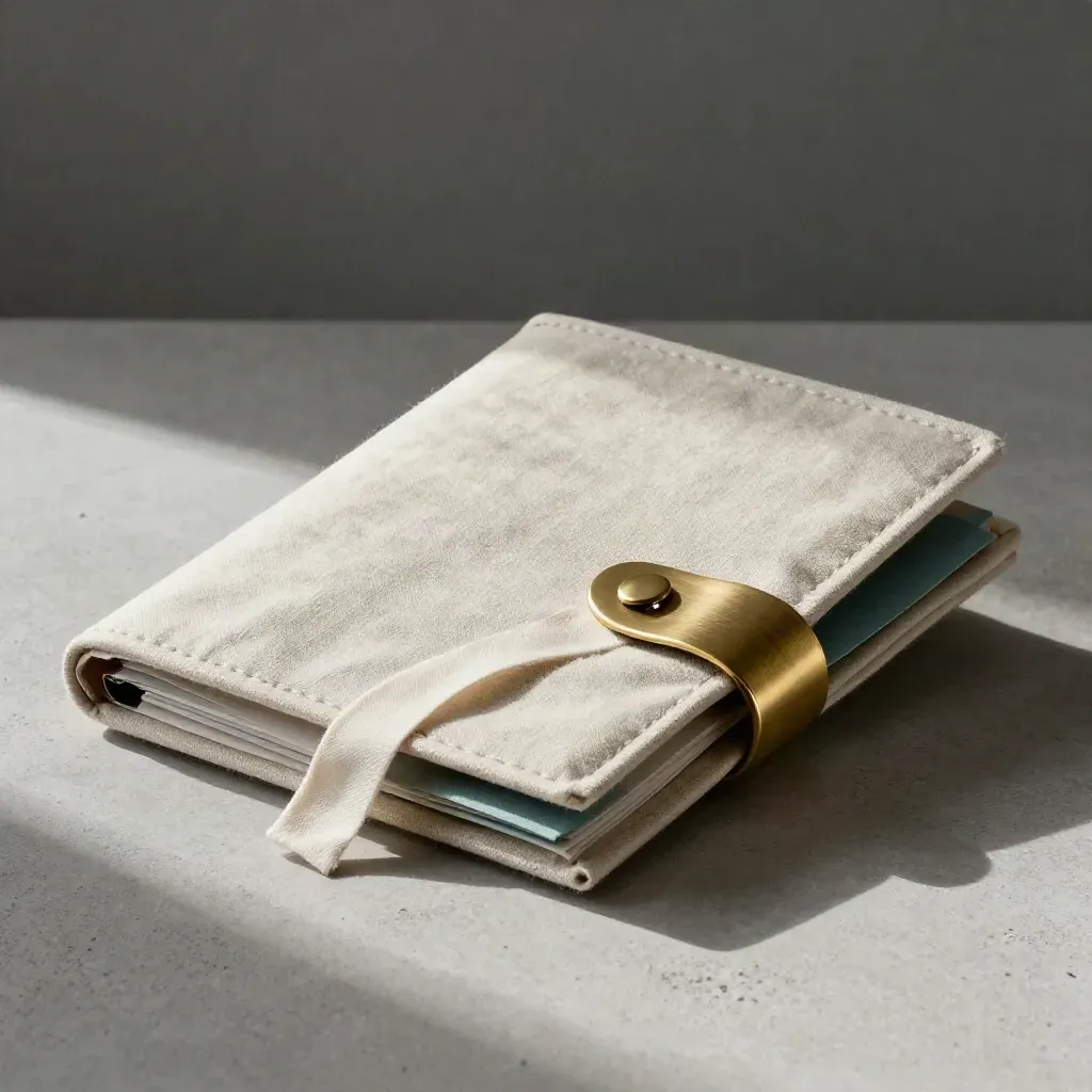 Cream linen budget folder with brass ring and teal tab half wrapped in wool on pale concrete.