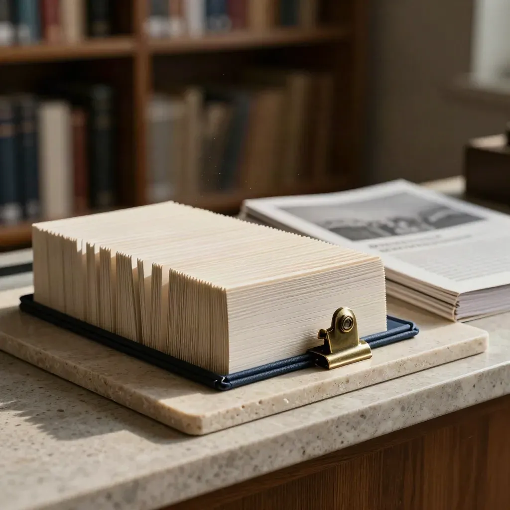 Navy folio with blank cards and bronze clip on a pale stone tray in soft finance light.