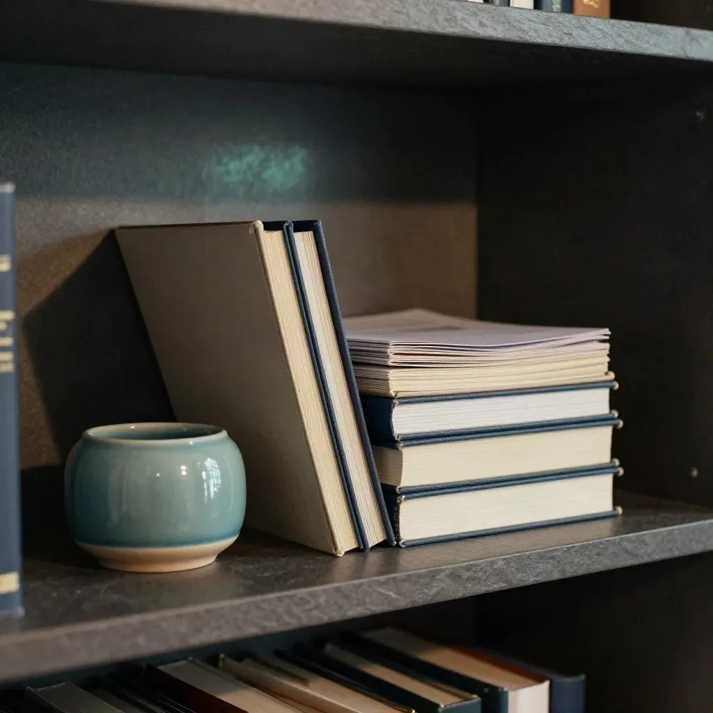 Cream and navy bond folios beside a teal ceramic paperweight on a slate shelf.