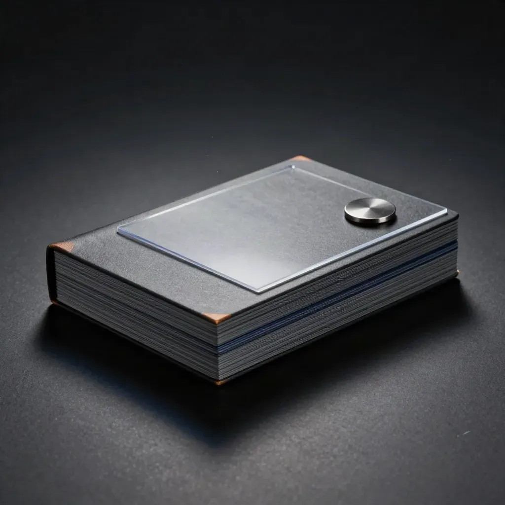 Macro of a graphite risk-check folio stack with a transparent overlay and metal token in raking light