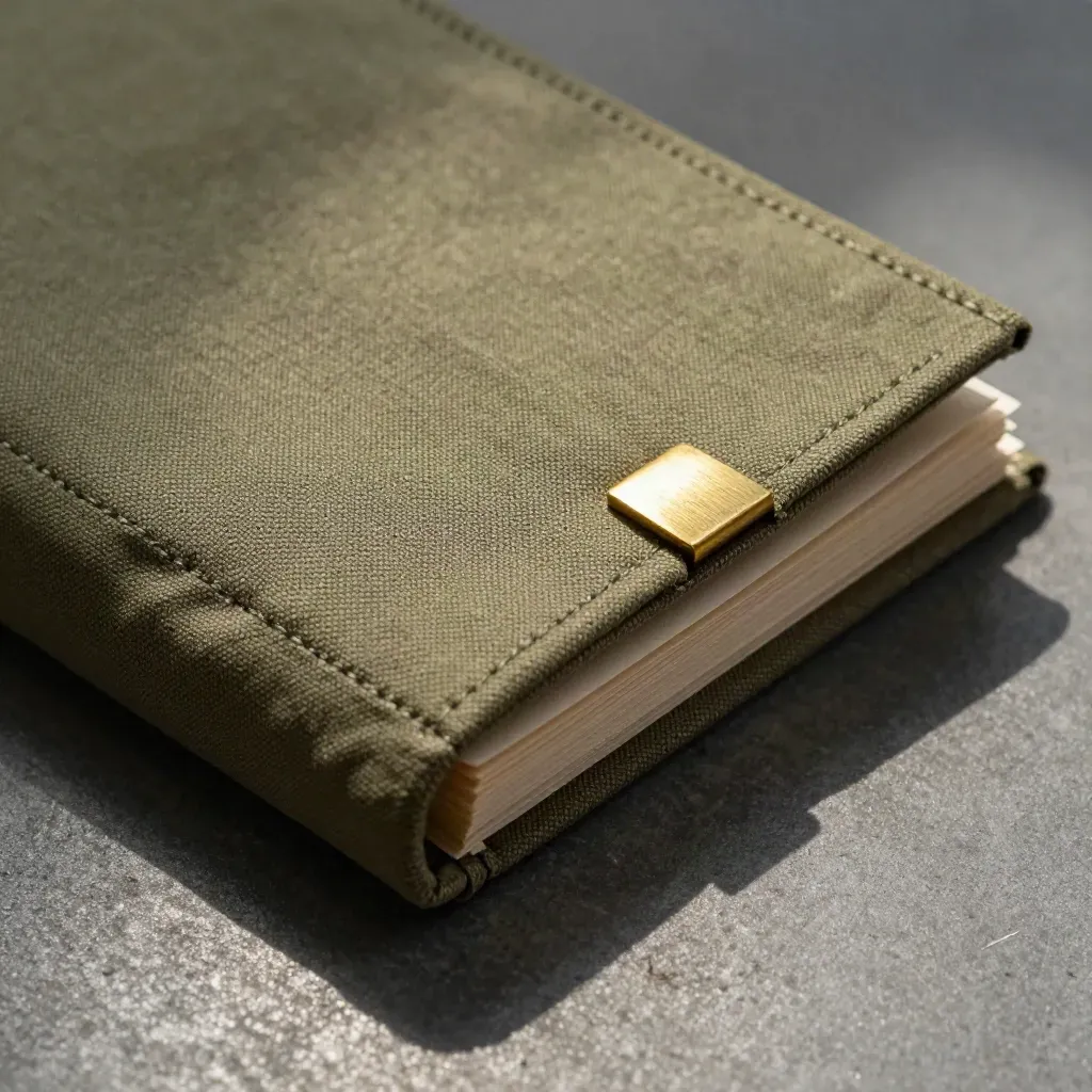 Extreme macro of a watchlist booklet nestled in khaki canvas folds with a brass tab.