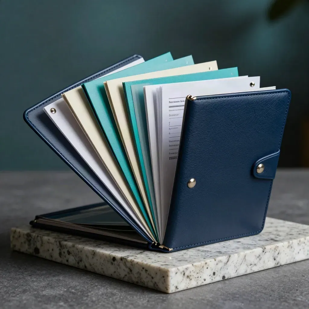 Opened retirement review kit with dividers and clips on a dark stone plinth, softly lit